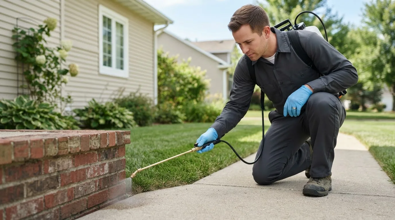 Pest control technician treating a home near Manchester, NY