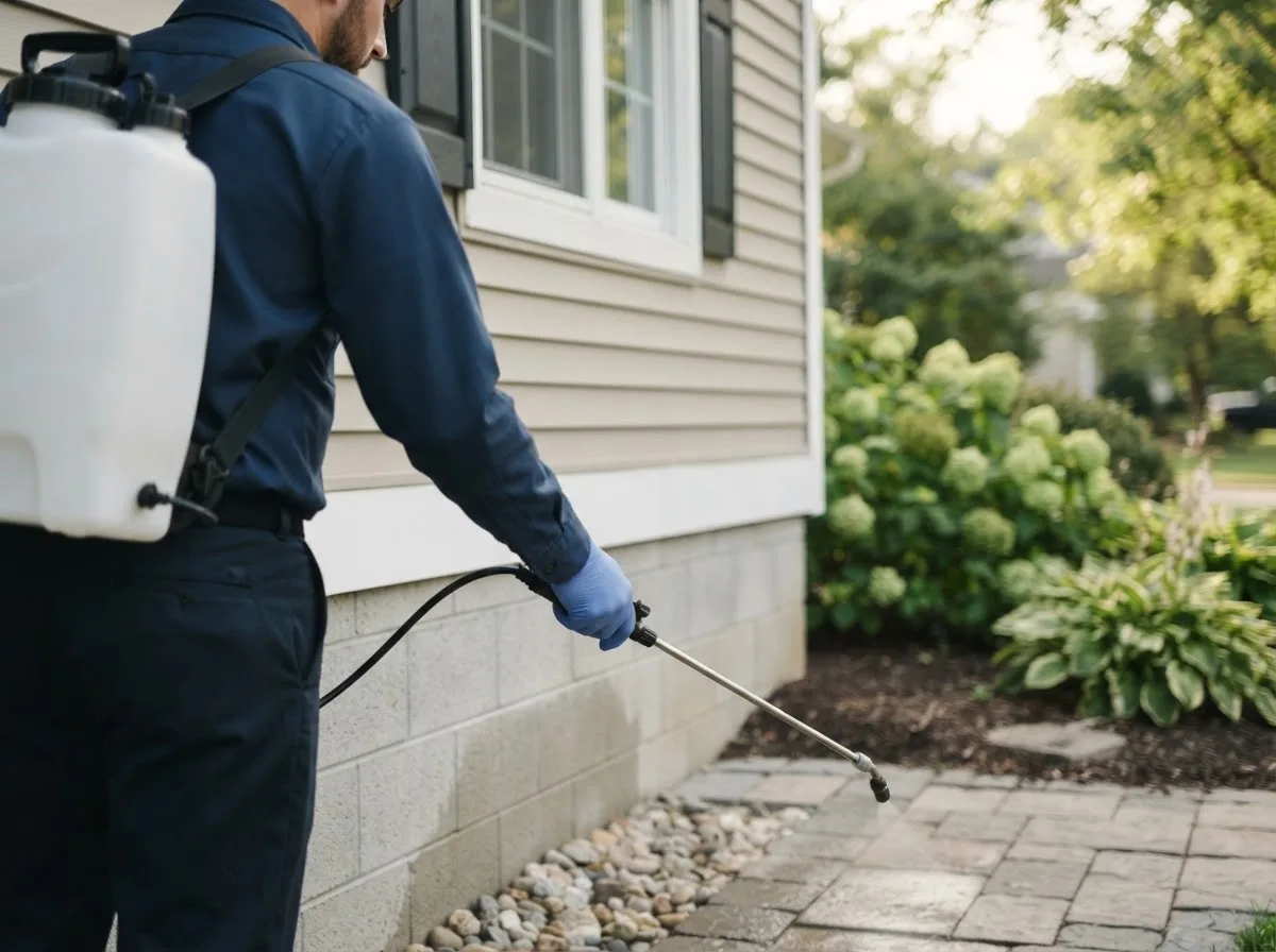 Pest control technician inspecting a home in Manchester, NY